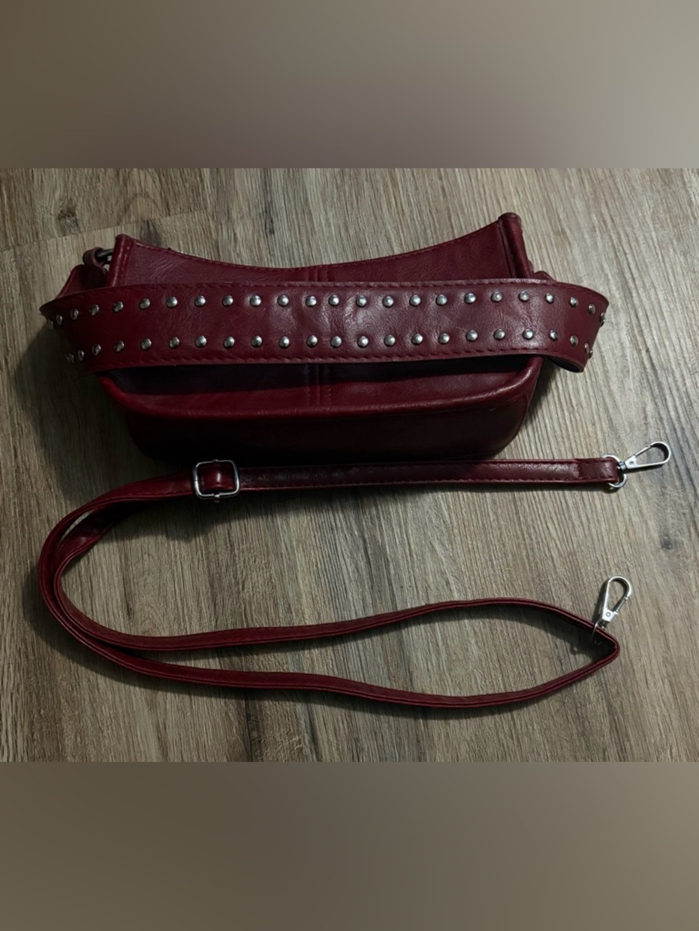 Studded Leather Style Burgundy Bag w/ Adjustable Strap - No Brand Listed